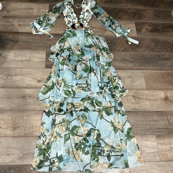 PatBo blue floral long sleeve beach maxi dress gown in sky - Picture 5 of 12